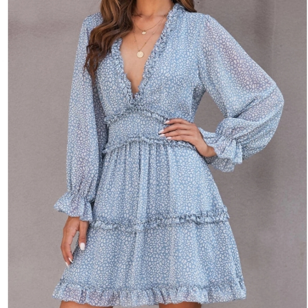 Women Light Blue & White  Details Ruffle and Cut out Back Dress. SIZE M